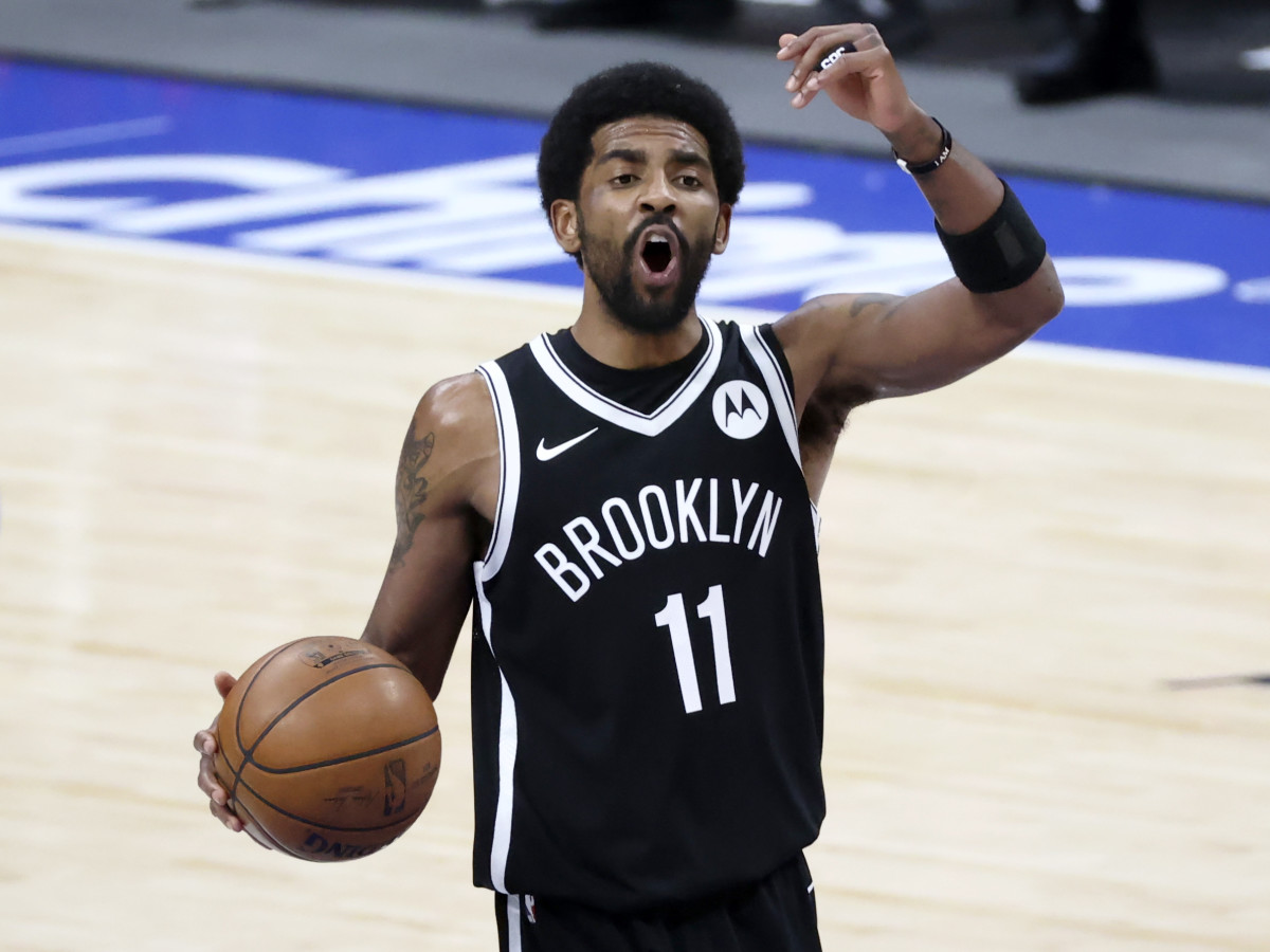 May 6, 2021; Dallas, Texas, USA;  Brooklyn Nets guard Kyrie Irving (11) reacts during the third quarter against the Dallas Mavericks at American Airlines Center.